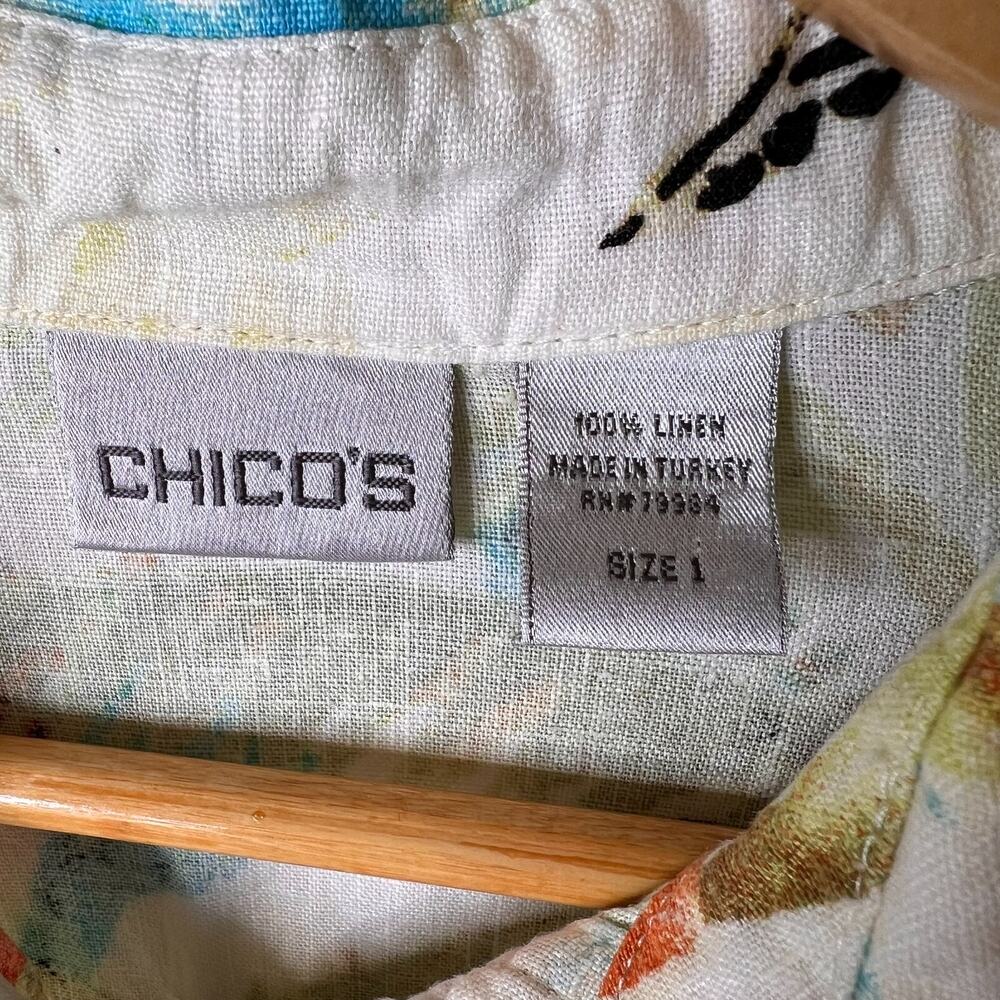 Chicos Shirt Size 1/M Tropical Paradise Print 100% Linen Snap Down Long Sleeve - Picture 2 of 16
